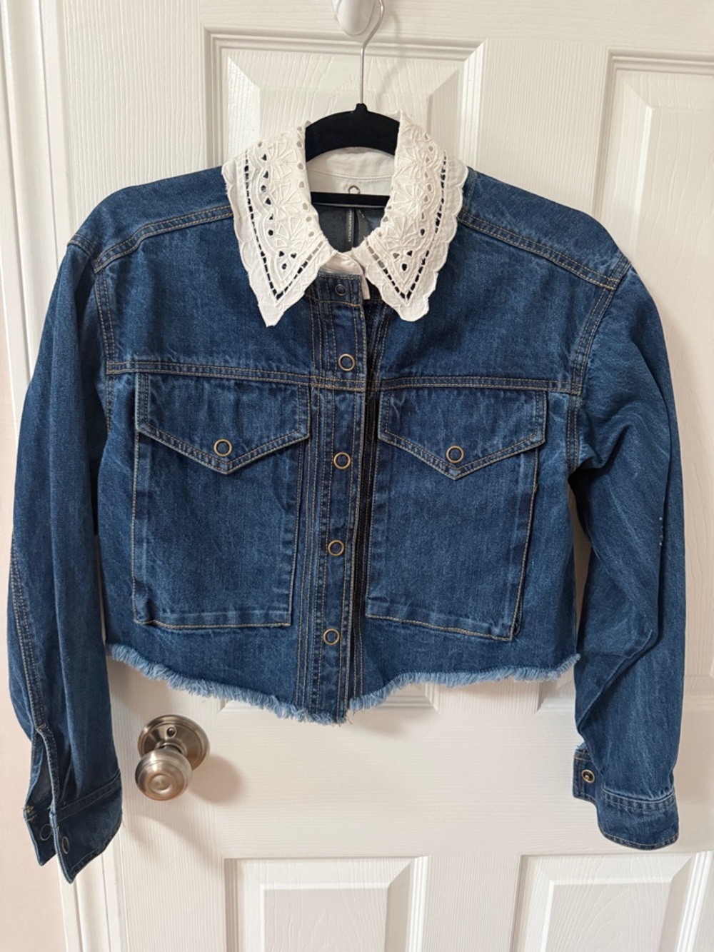 Anthropologie Blue Denim Jacket with White Lace Collar